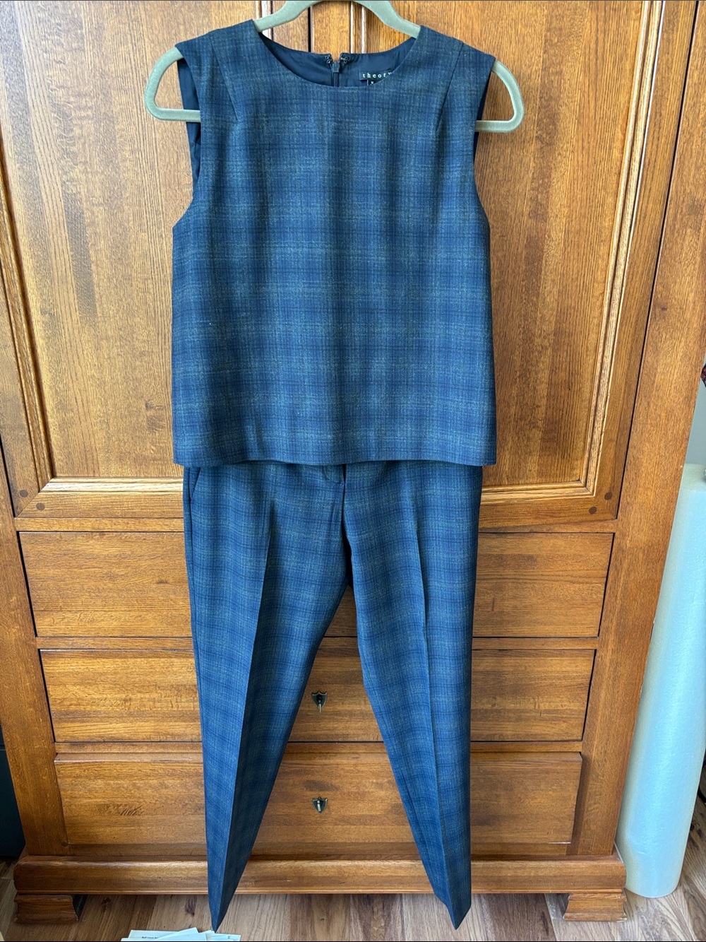 Theory Navy & Gray Plaid Sleeveless Two-Piece Pantsuit